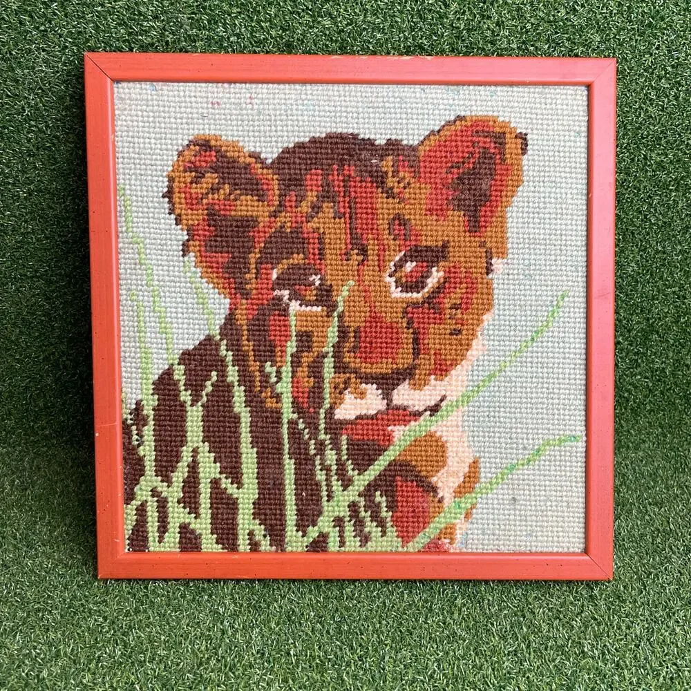 Vintage Framed Cross Stitch Lion 10